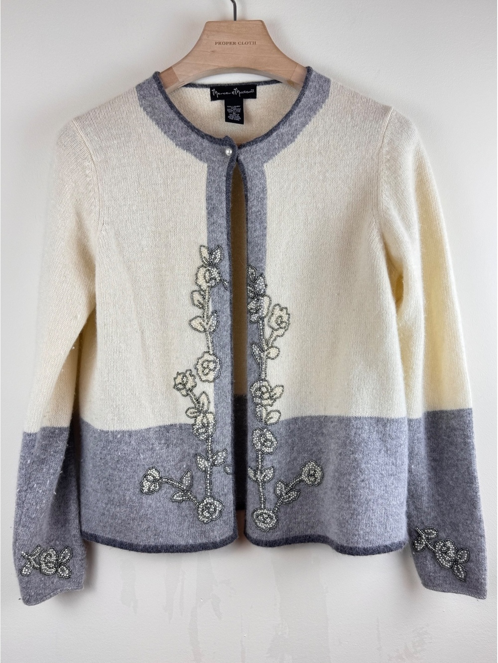 Vintage Beaded Angora Lambswool Cardigan Pearl Floral Gray Mercer & Madison M